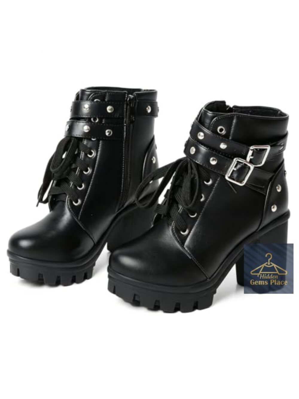 Women's Chunky Heel Bootie Platform Combat Boot with Side Zipper Punk Gothic